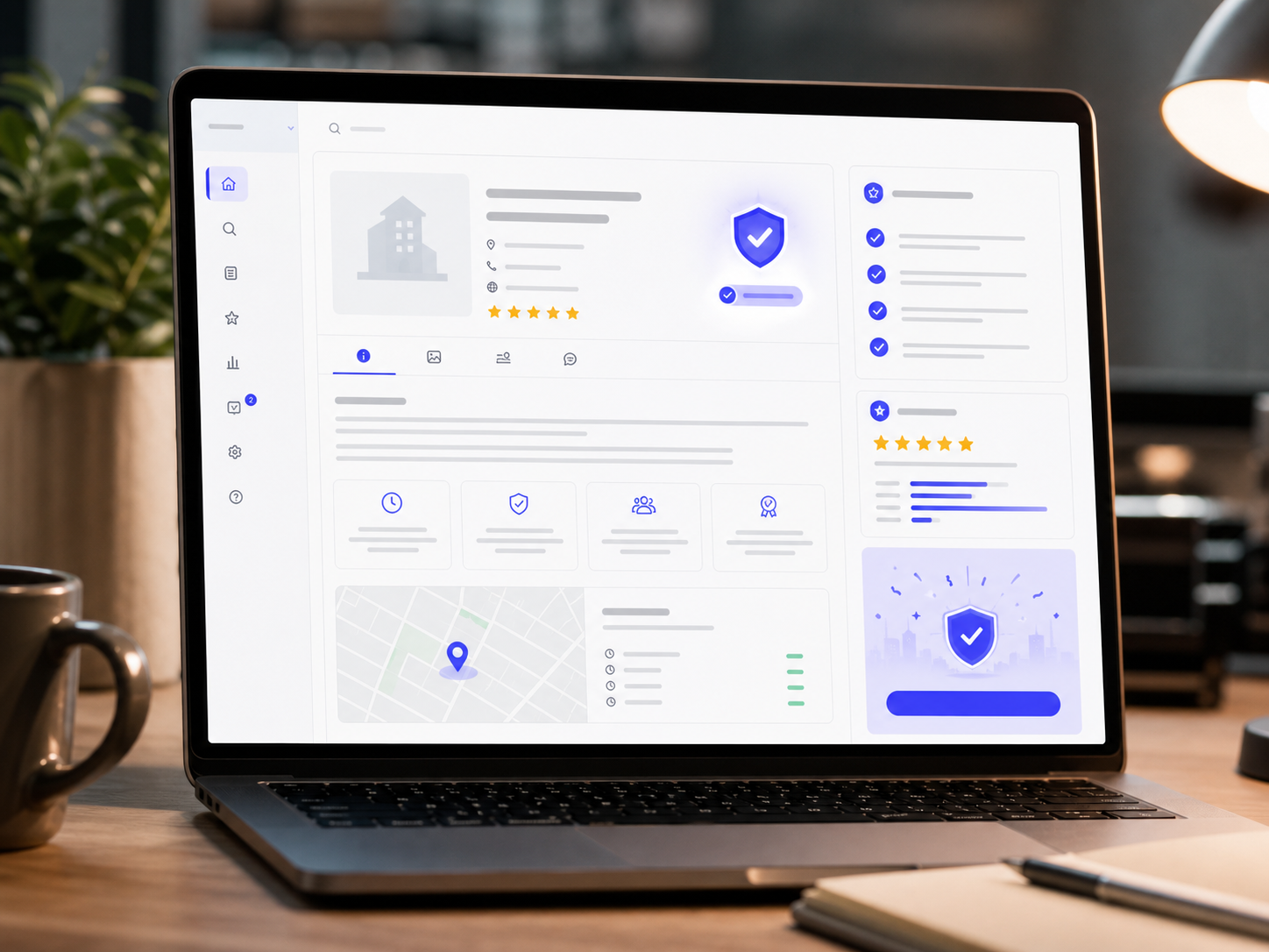 Verified business dashboard with completed checklist and badge